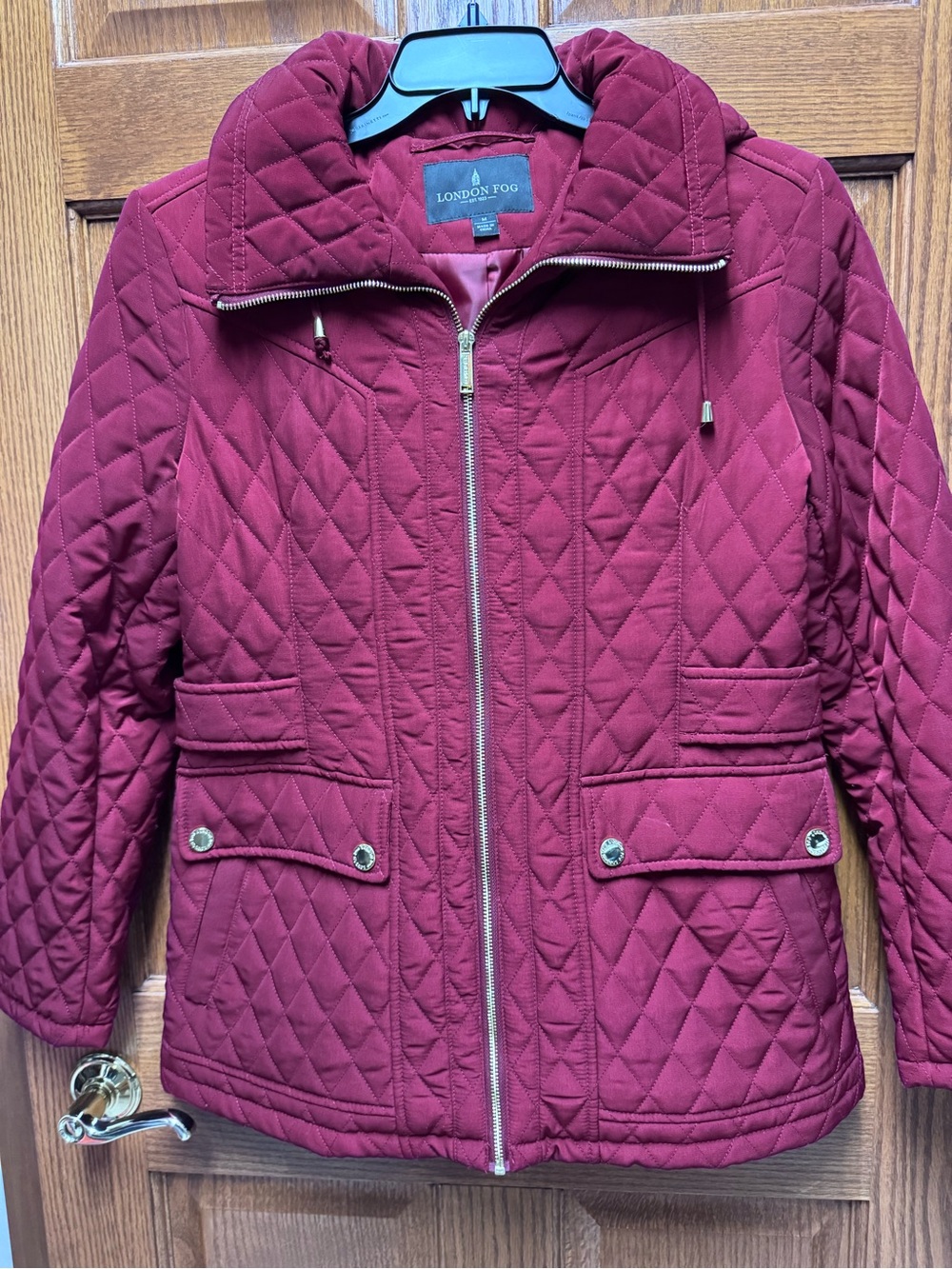 London Fog Burgundy Quilted Wine Red Puffer Jacket with Gold Hardware